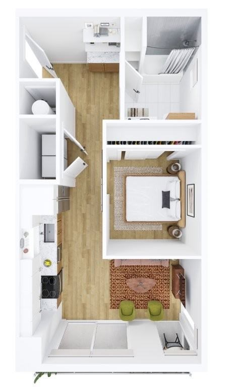 A top down view of a small apartment with a kitchen, living room and bathroom.